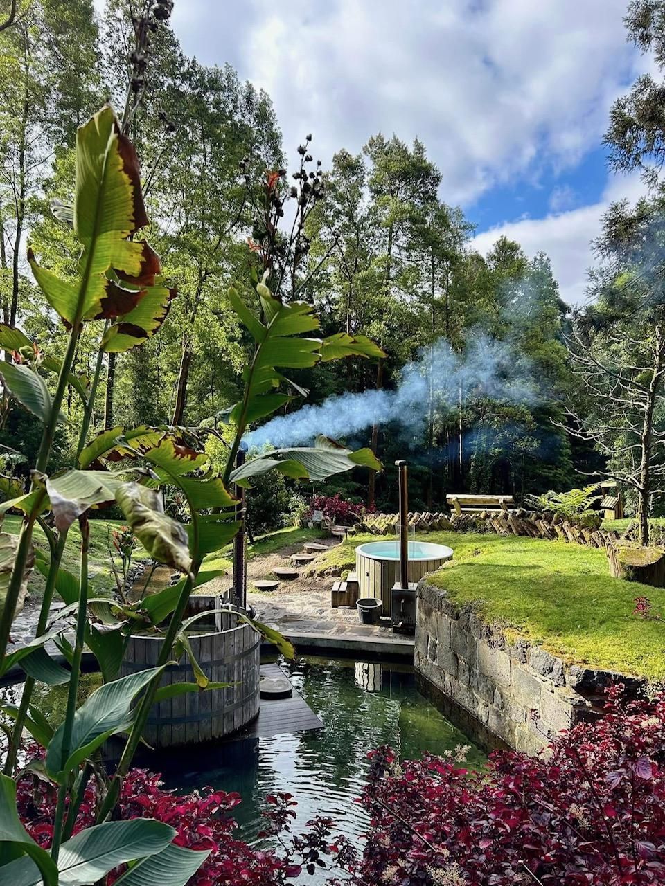 Smoke drifts from a wood-fired hot tub by a garden pond, surrounded by lush green trees and purple foliage.
