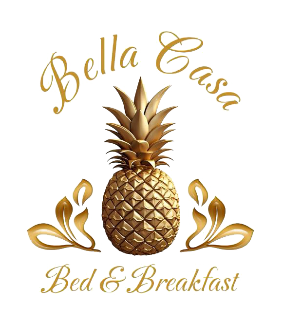 A logo for bella casa bed and breakfast with a pineapple