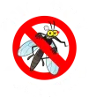 A cartoon mosquito with an angry expression inside a red prohibition circle with a diagonal slash.