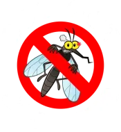 A red circular prohibition sign overlaid on a cartoon mosquito with angry, wide eyes.