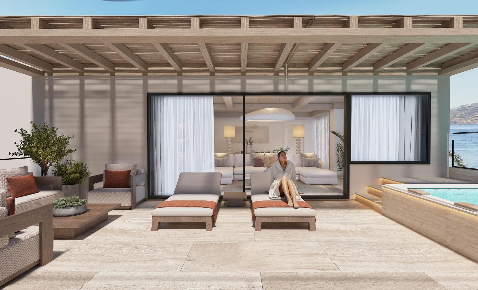 Ruins Luxury Resort'un modern tasarımlı, deniz ve havuz manzaralı deluxe odası