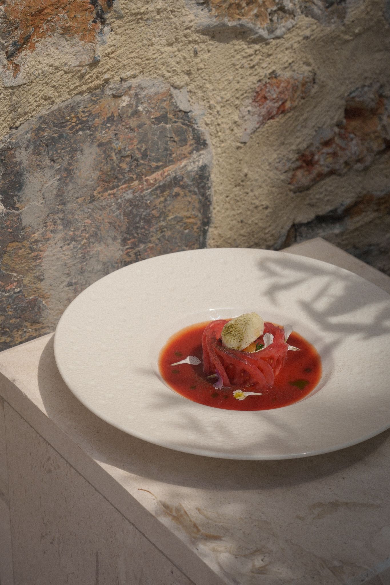 A small, circular appetizer with red sauce and a garnish sits on a white plate against a rustic stone wall.