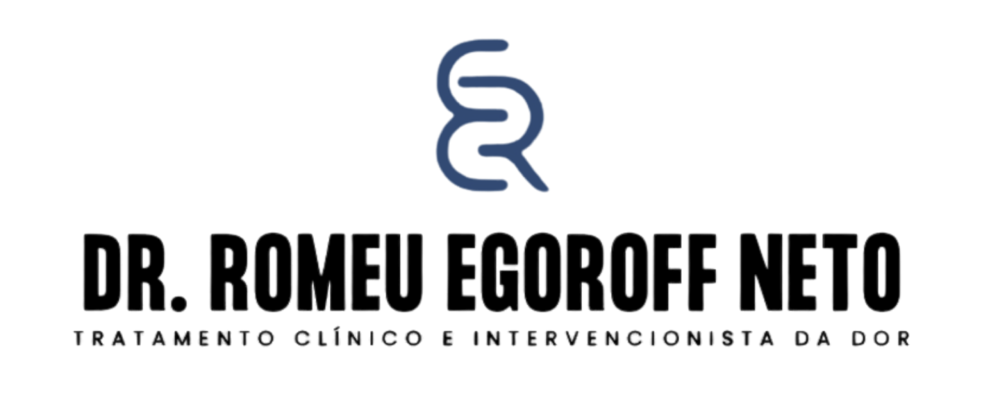 Logotipo do Dr. Romeu Egoroff Neto: símbolo azul escuro acima de texto preto em negrito e uma linha fina com texto menor.