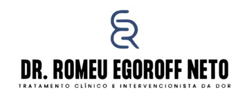 Logotipo do Dr. Romeu Egoroff Neto: símbolo azul escuro acima de texto preto em negrito e uma linha fina com texto menor.
