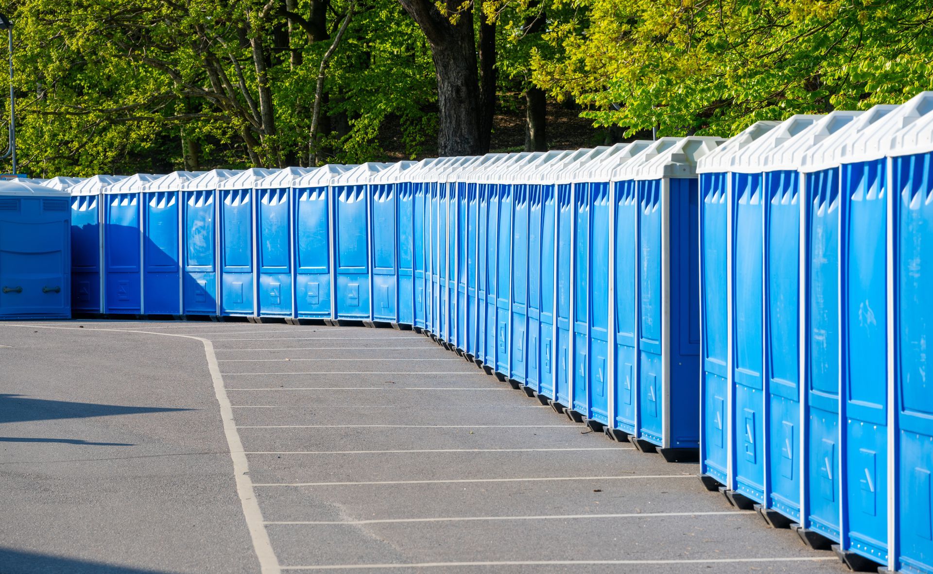 Long row of blue portable toilets at outdoor event area.