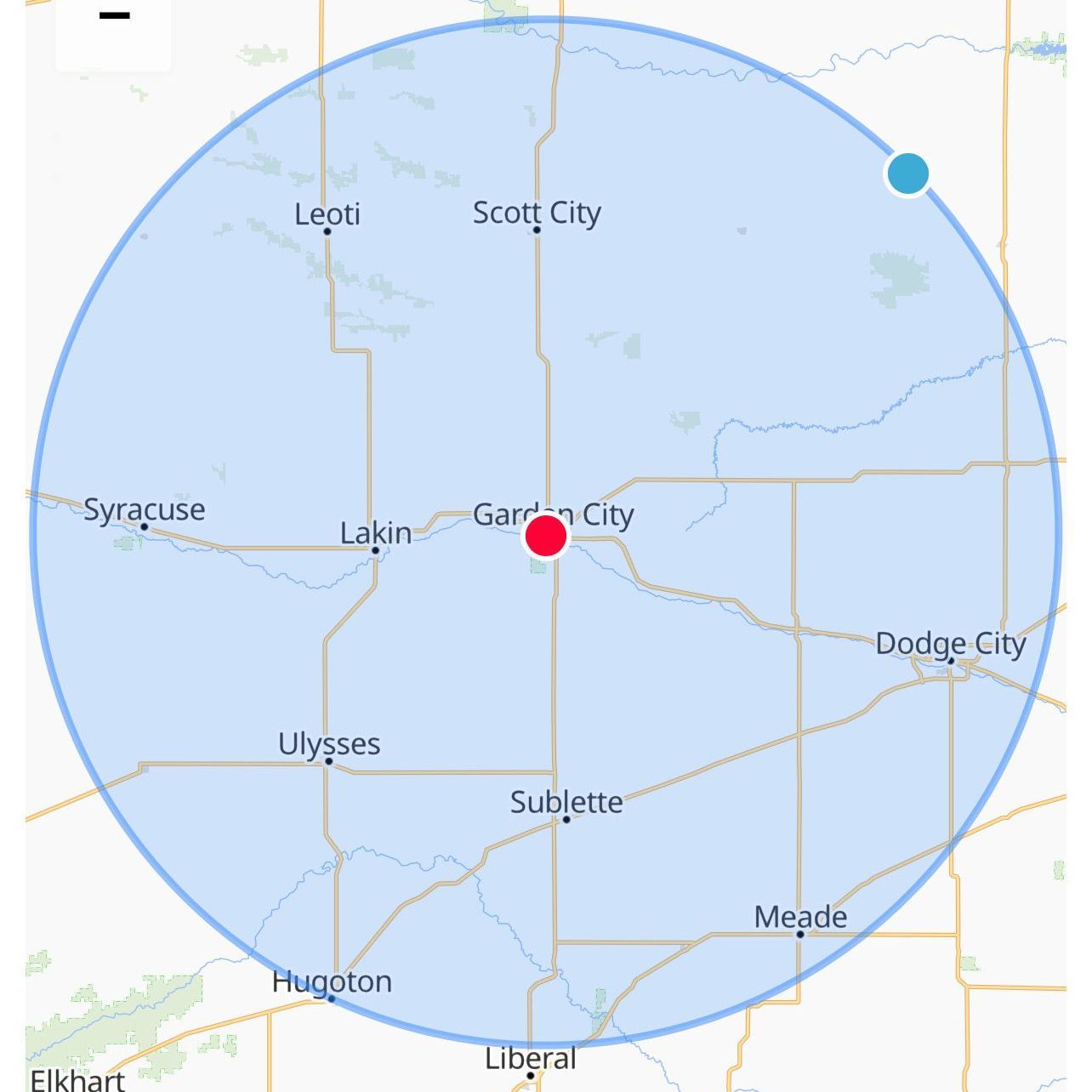 Map with a blue circle centered on Garden City, Kansas, showing our service areas .