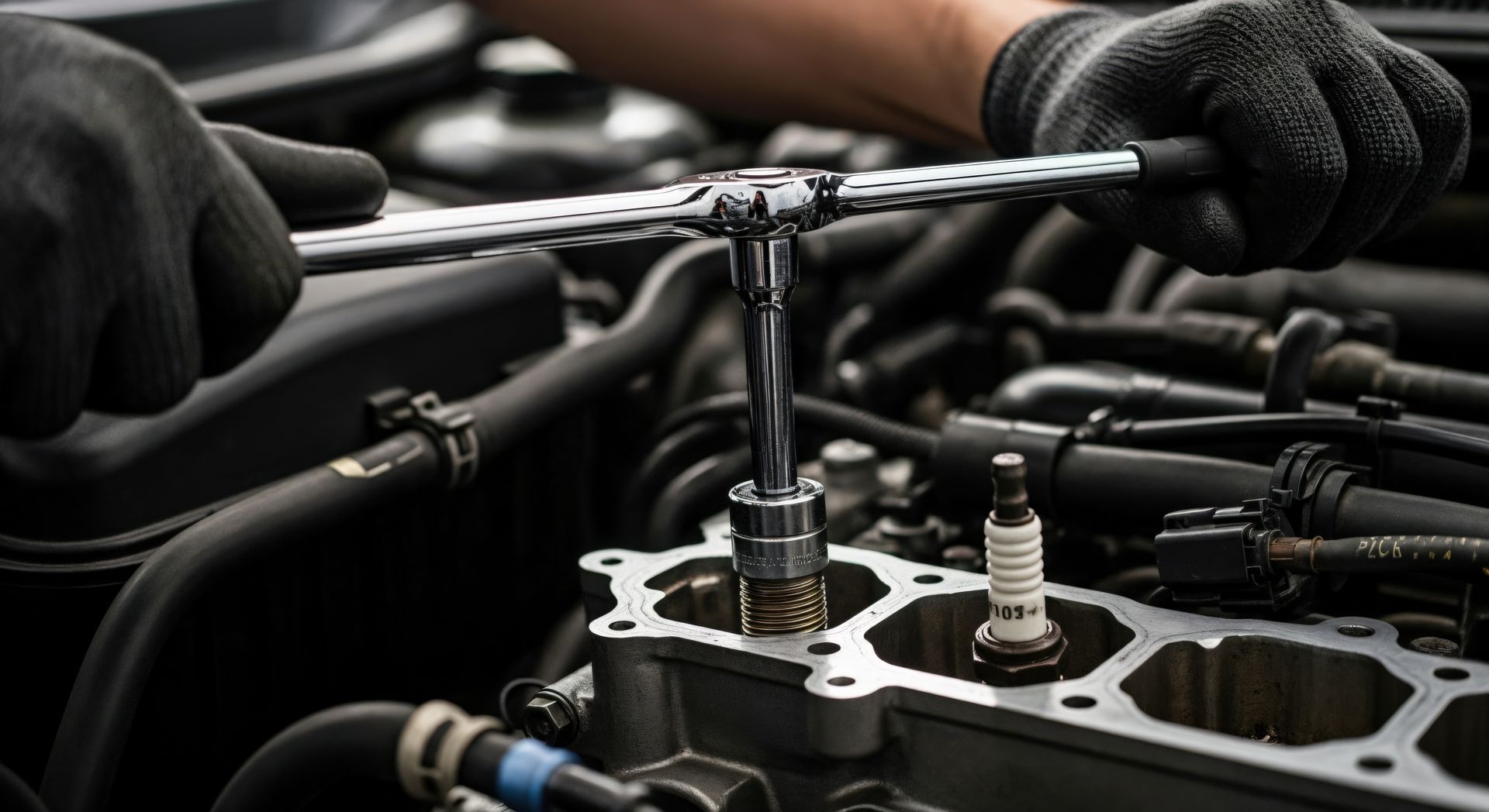 Mechanic working on a car in a garage with tools and equipment visible on a workbench.
