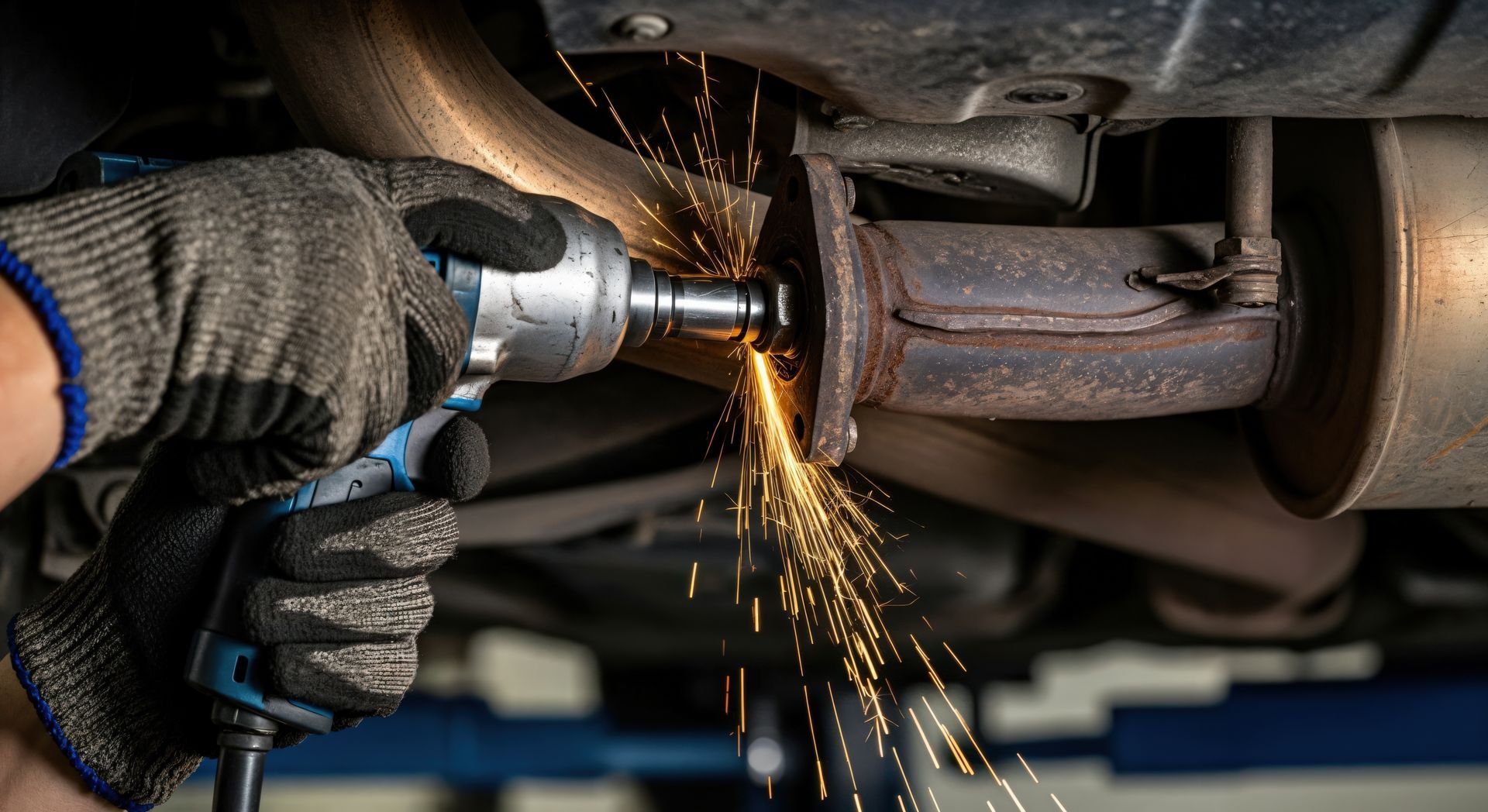 Mechanic working on a car in a garage with tools and equipment visible on a workbench.