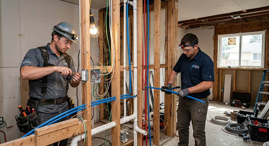 Due operai installano tubature blu all'interno di una casa in costruzione.