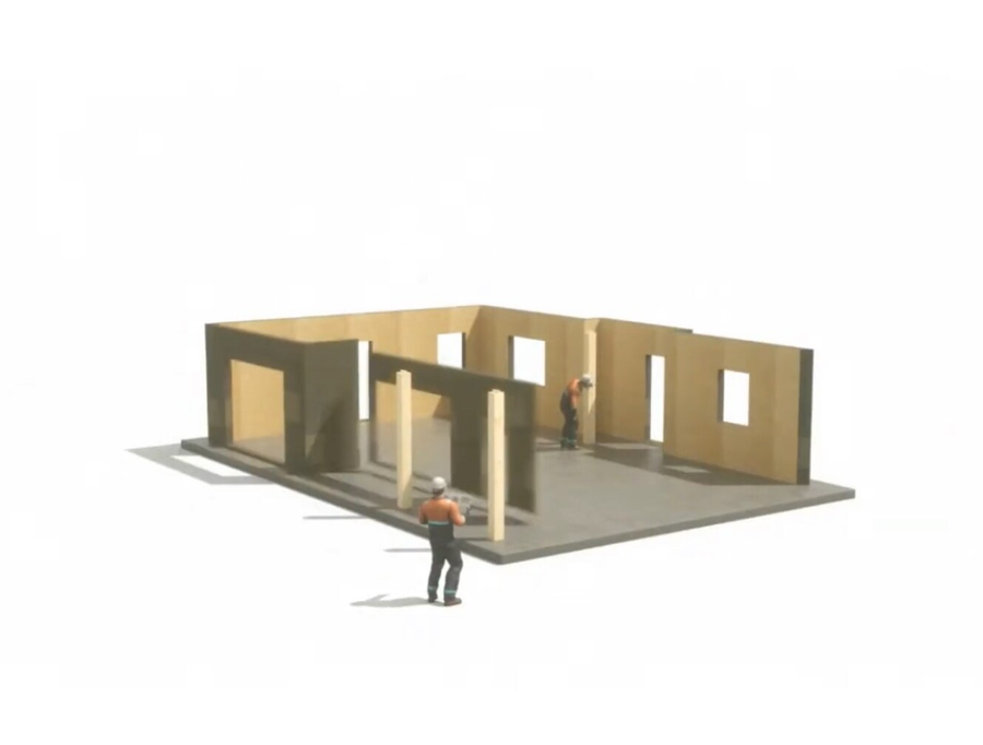 Modello 3D di un piccolo interno di edificio con pareti in legno e due minuscole figure su una base grigia