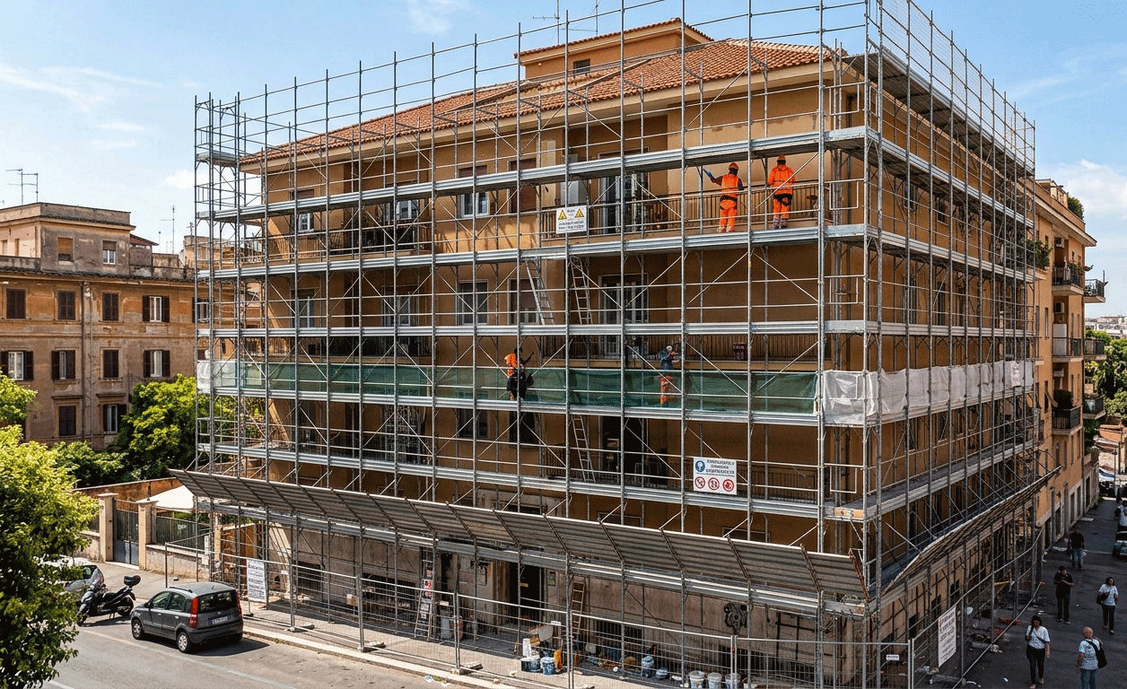 Un'impalcatura circonda un edificio in ristrutturazione in una via cittadina, e si possono notare gli operai al lavoro sulla struttura.