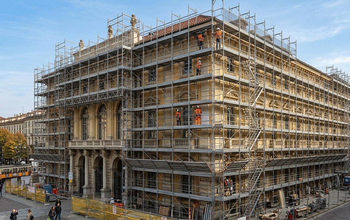 Edificio storico ricoperto da impalcature durante i lavori di ristrutturazione, con operai visibili su più livelli.