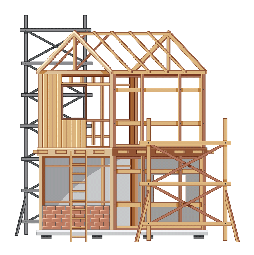 Casa in legno parzialmente costruita, con impalcature e struttura portante a vista.