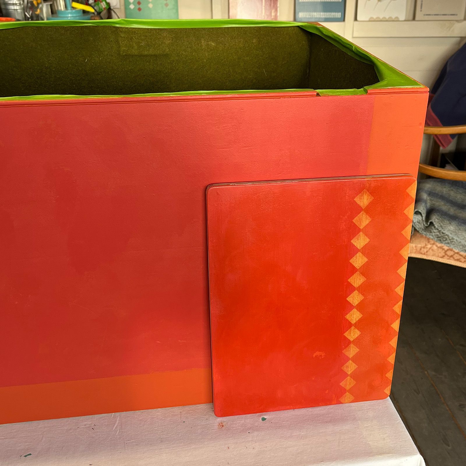 A sample board for the finish of the  carnival chest to show the client.