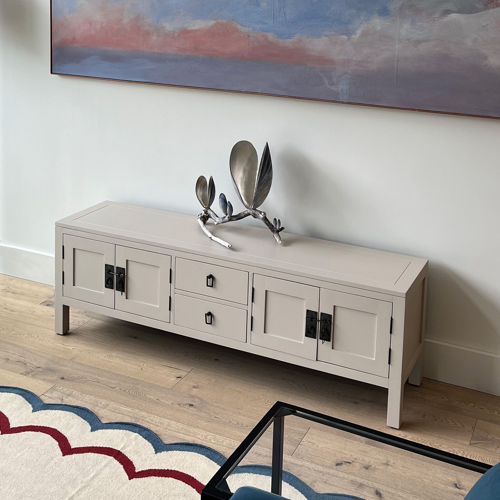 Chinese sideboard upcycled from black lacquer to a warm taupe.