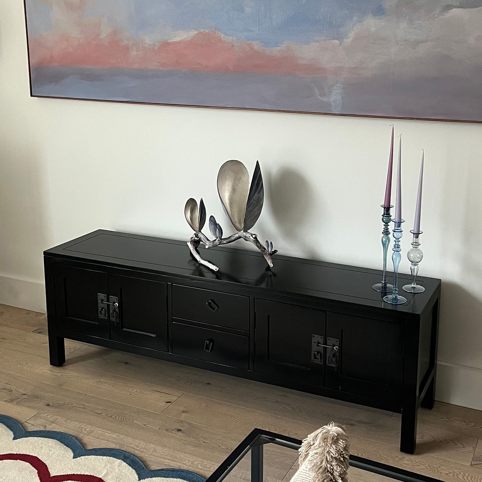 Chinese sideboard in black lacquer before being upcycled.