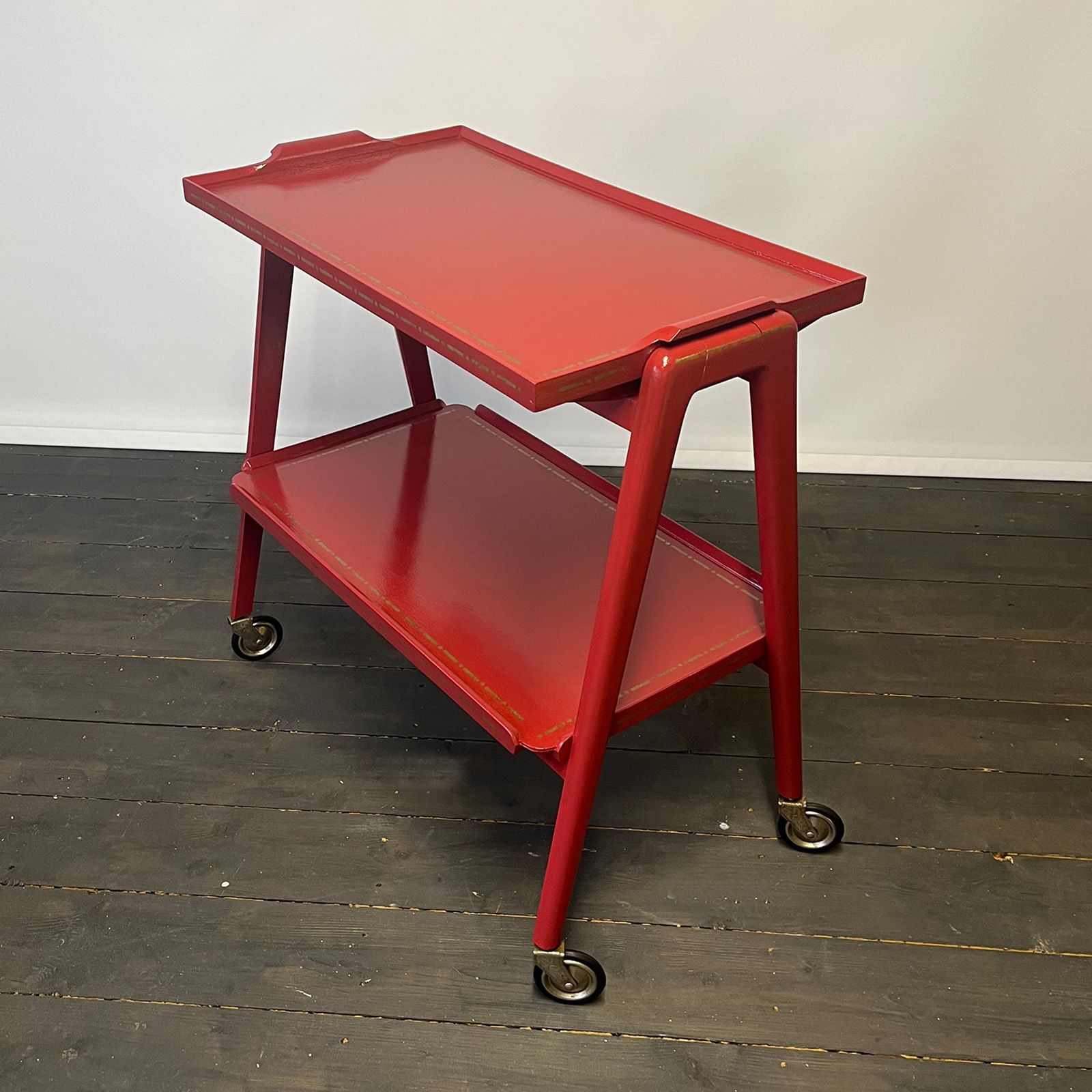 Retro red drinks trolley, upcycled by Helen Bateman.