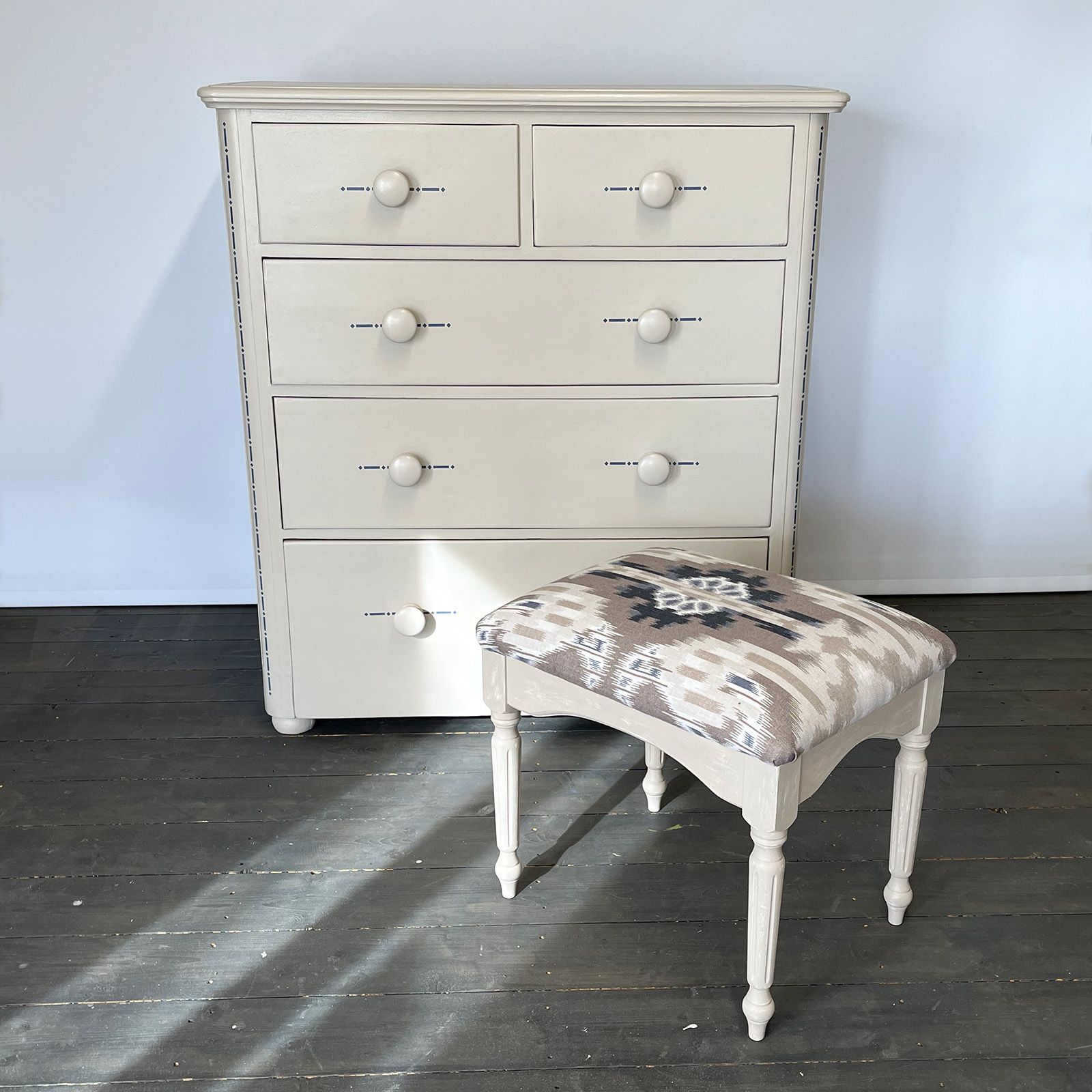 Upcycled chest of drawers and stool in royal circus beige