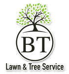 BT Lawn & Tree Service logo with green tree above black circular emblem and text.