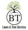 BT Lawn & Tree Service logo with green tree above black circular emblem and text.