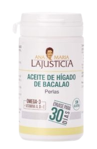 A bottle of ana maria lajusticia aceite de higado de bacalao perlas