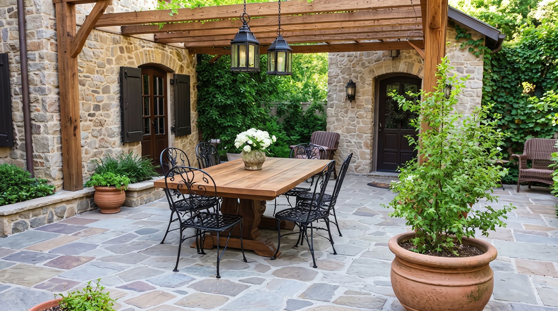 Rustic stone courtyard with wooden dining table, chairs, potted plants, and a hanging lantern under a pergola