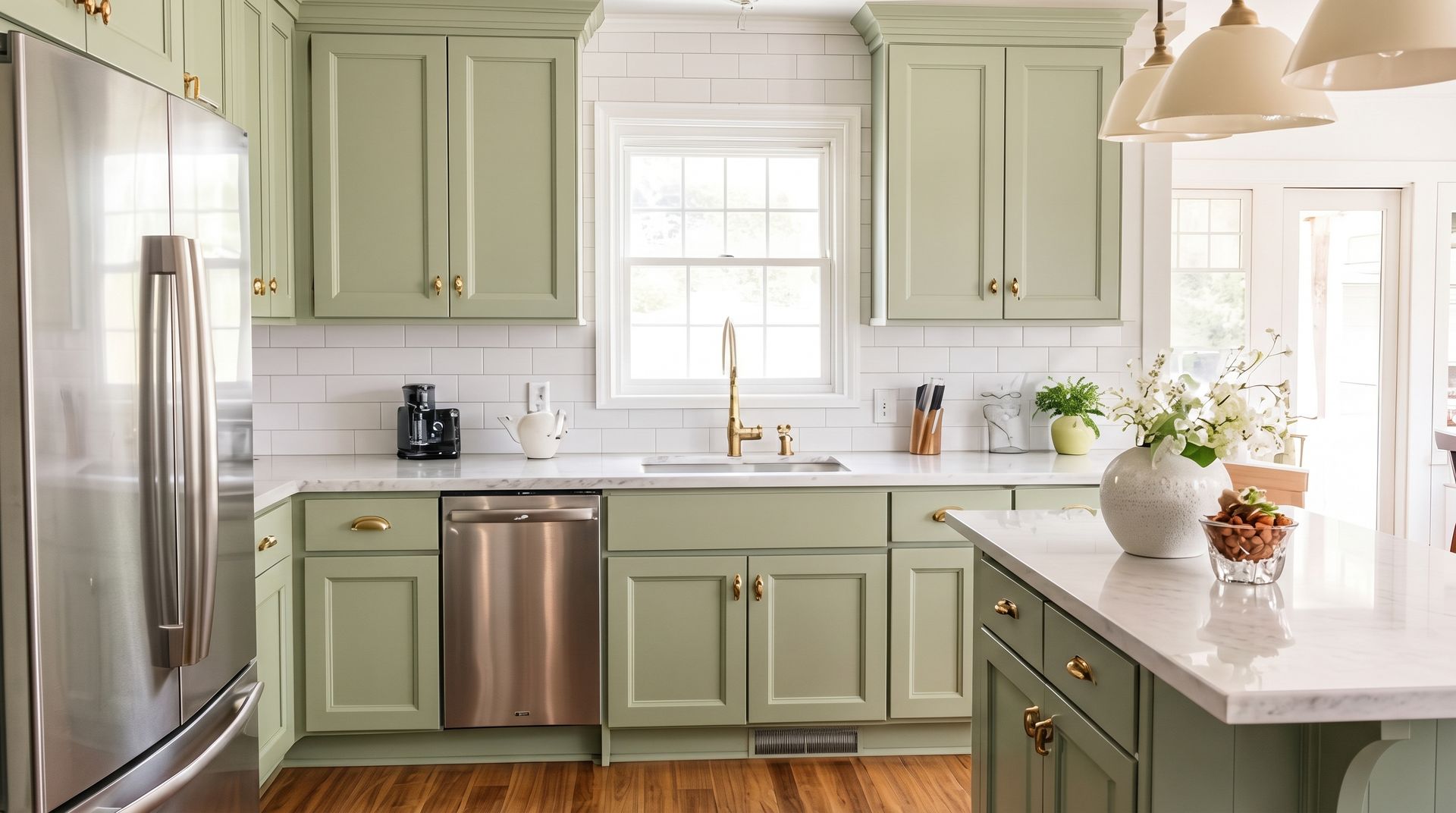 Bright white kitchen with sage green cabinets, stainless steel fridge, and a sunlit window.