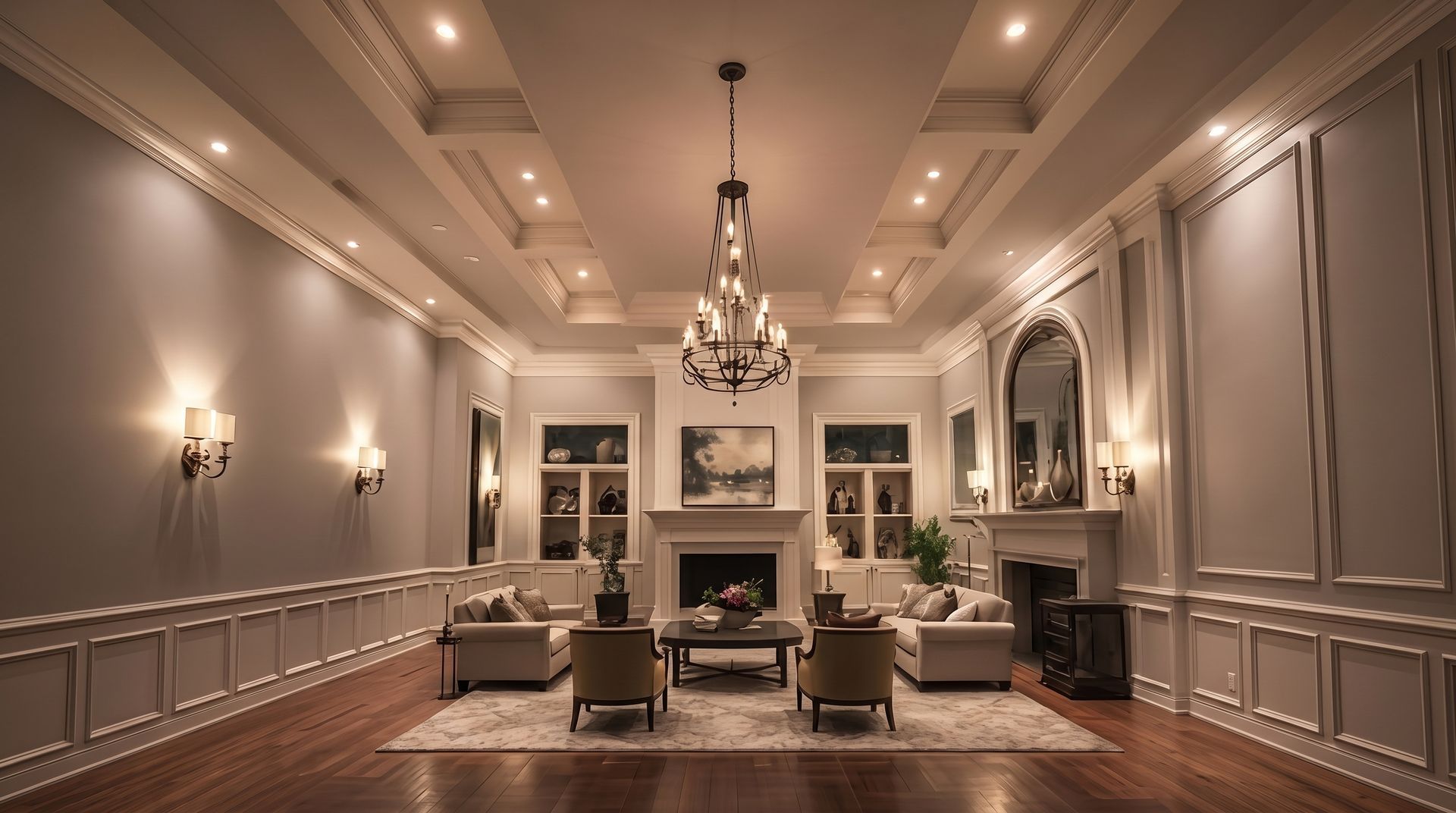 Elegant living room with high ceilings, chandelier, fireplace, and neutral-toned seating around a central area.