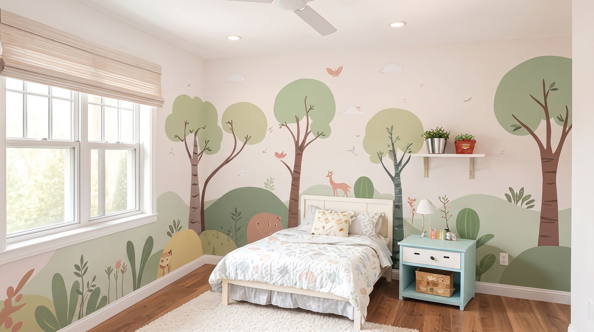 Bright child’s bedroom with tree mural, white bed, blue nightstand, and large window