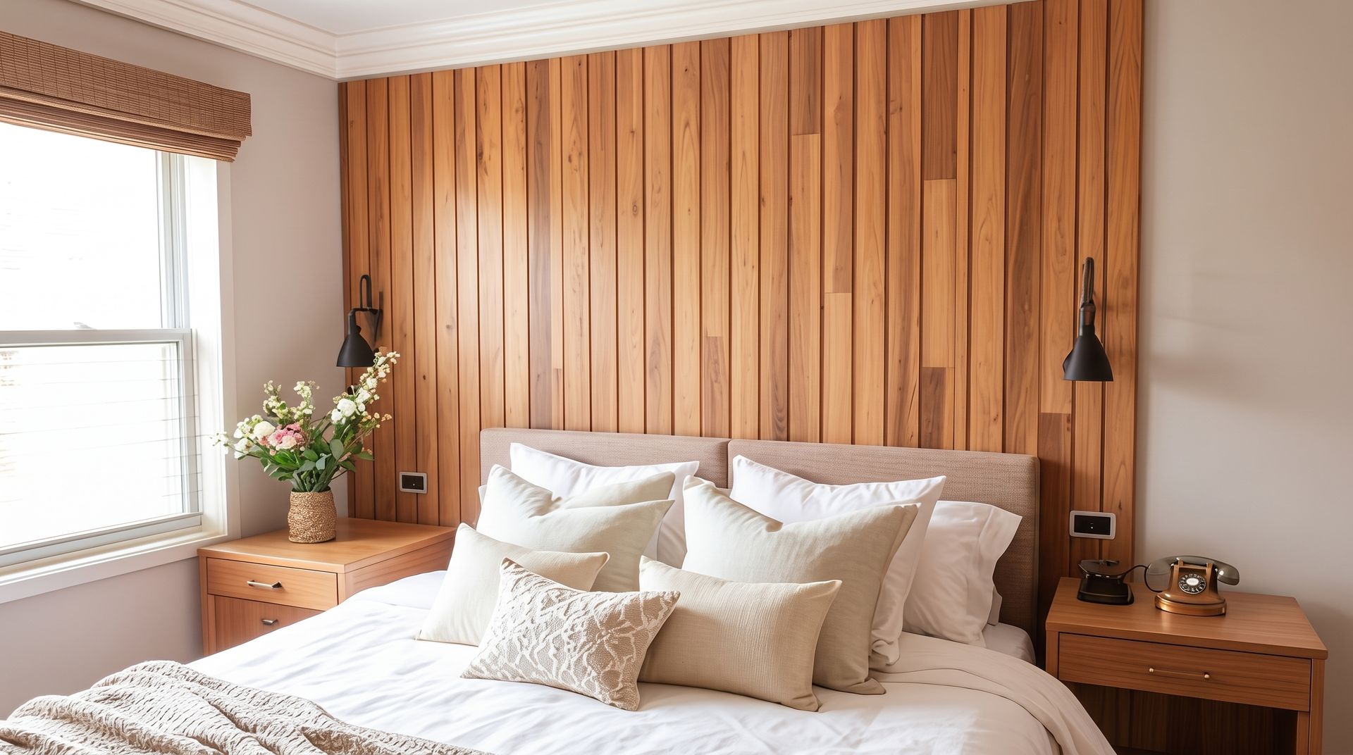 Cozy bedroom with a wooden accent wall, white bedding, and matching bedside tables by a bright window