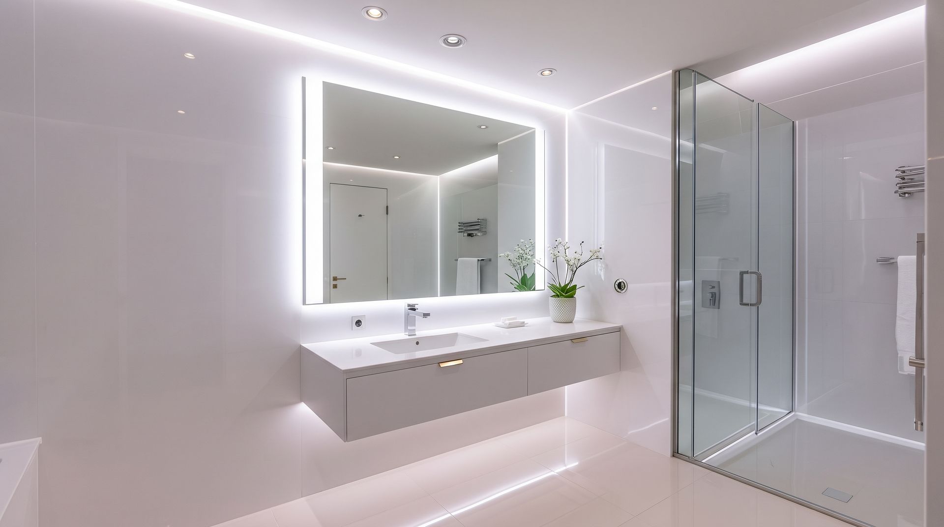 Modern white bathroom with floating vanity, lit mirror, and glass shower enclosure