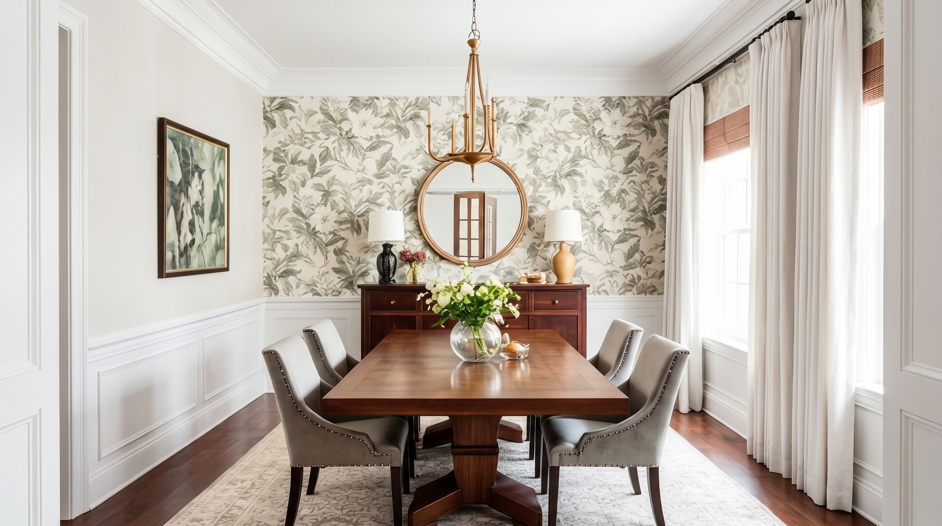 Elegant dining room with a wooden table, gray chairs, floral wallpaper, and a gold chandelier