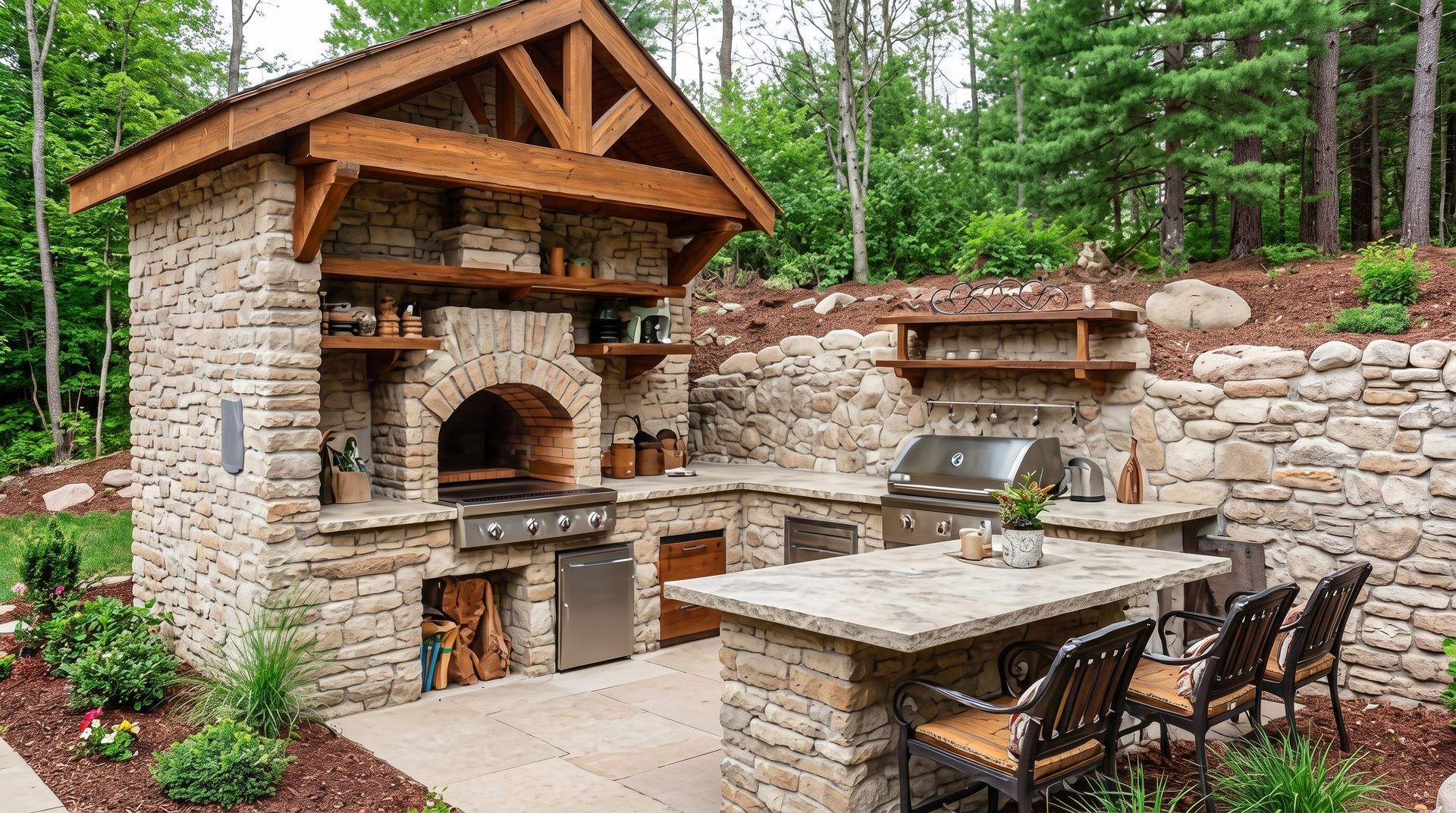 Stone outdoor kitchen with wood roof, brick oven, grill, and dining table in a wooded backyard