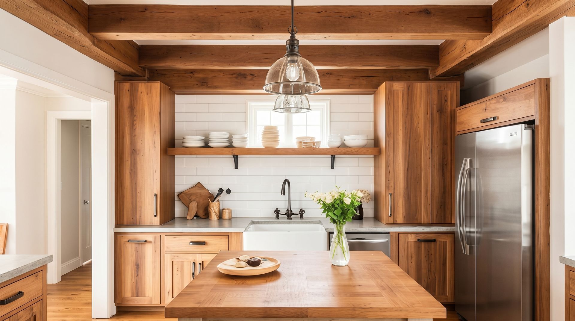 Modern kitchen with wooden beams, island, pendant light, and stainless steel appliances