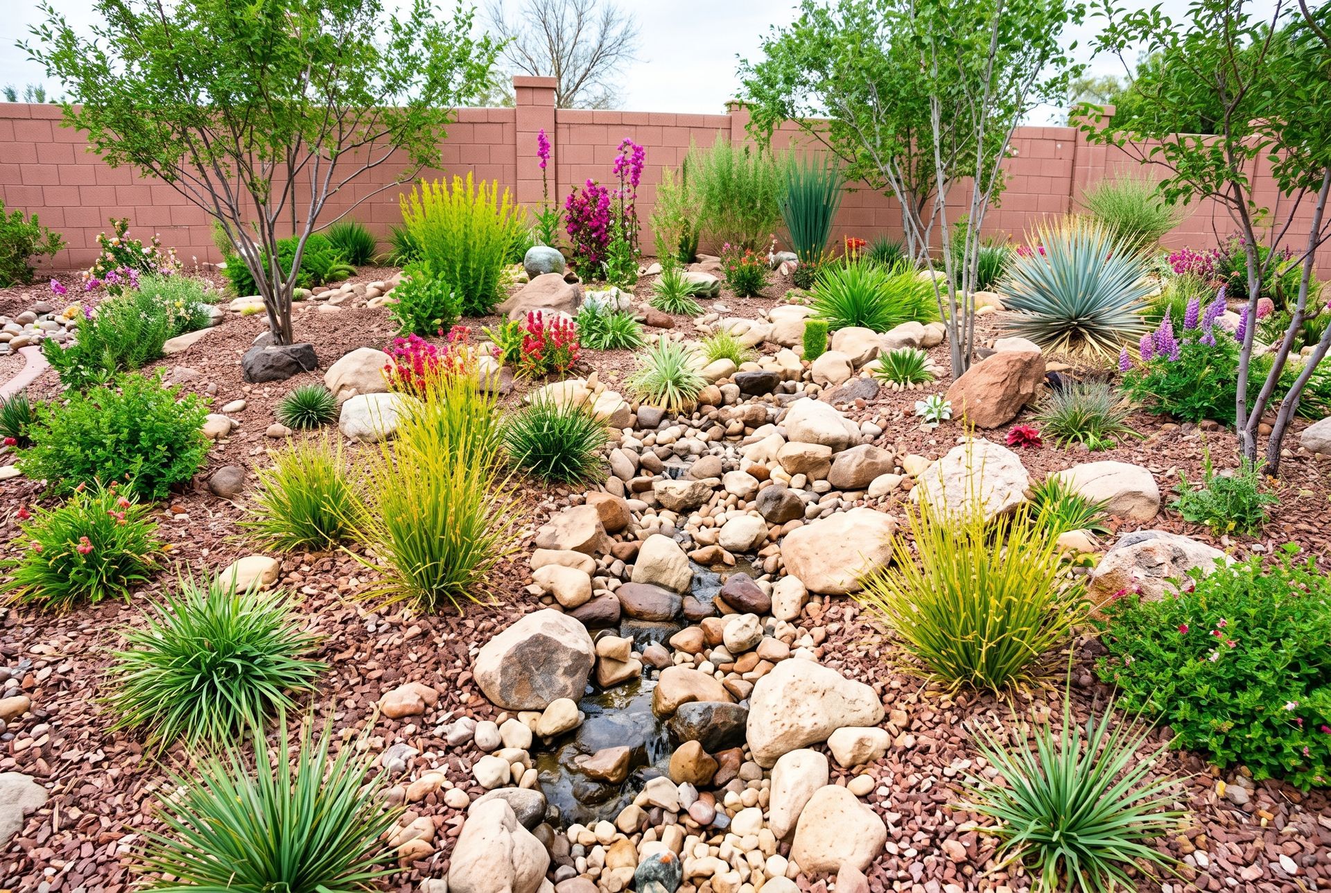 Desert-style garden with rocks, succulents, and shrubs beside a brick wall
