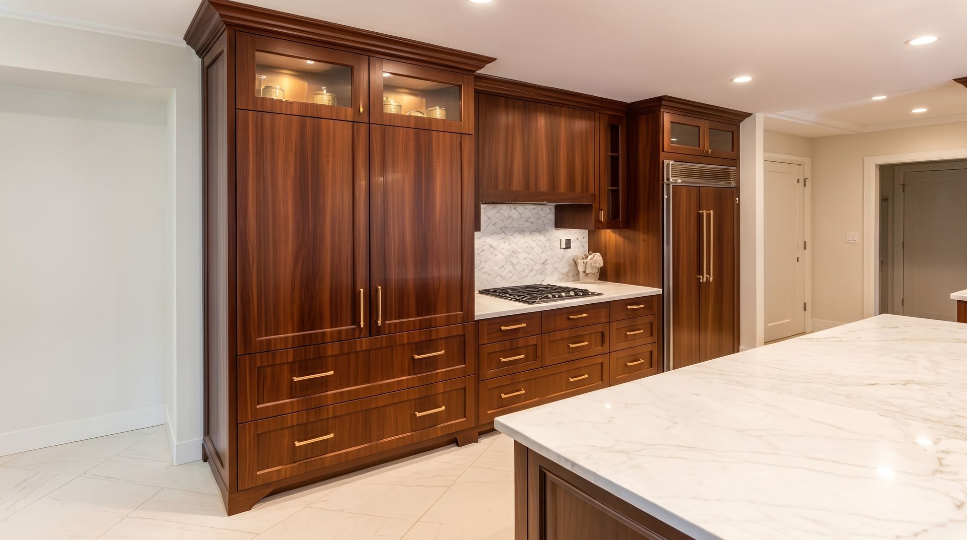 Elegant kitchen with dark wood cabinets, marble island, stainless fridge, and recessed lighting