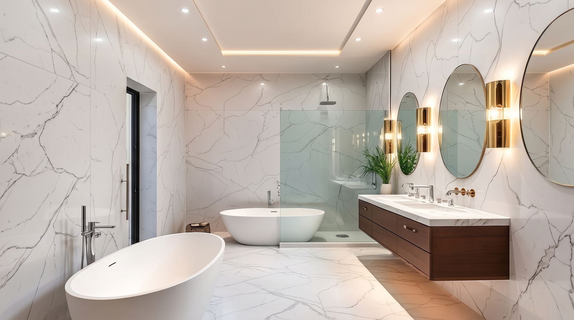 Modern white marble bathroom with freestanding tub, double vanity, mirrors, and warm wall sconces