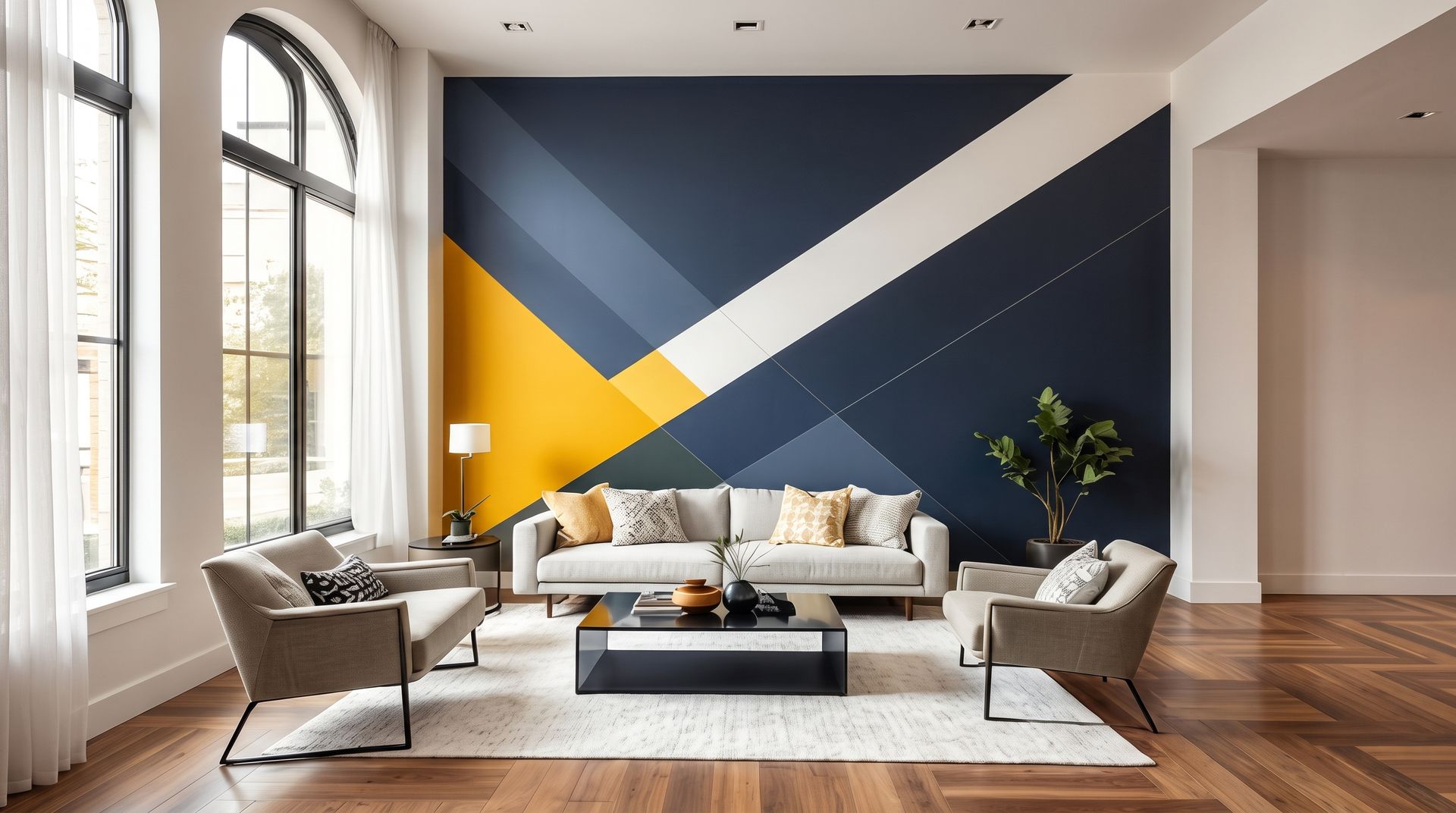 Modern living room with geometric accent wall, gray sofa, chairs, coffee table, and large arched windows