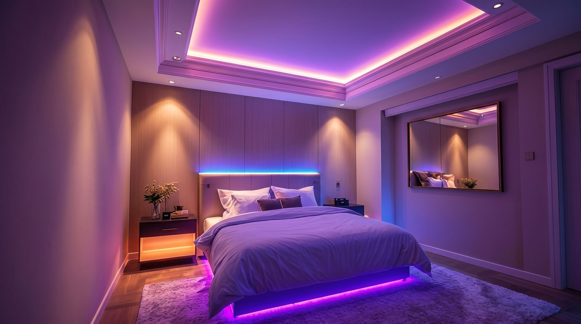 Modern bedroom with purple LED lighting, a large bed, and soft ambient decor