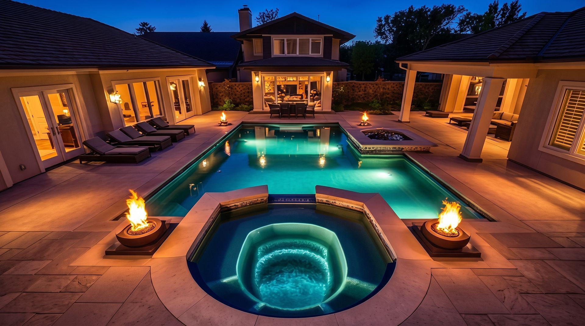 Aerial view of a backyard with a blue kidney-shaped pool, patio, trees, and surrounding houses.