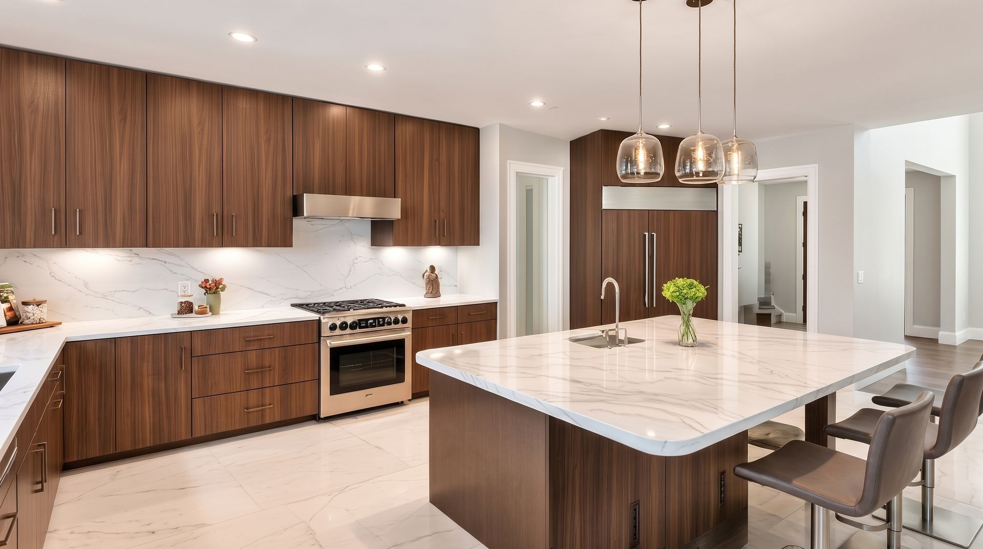 Modern kitchen with wood cabinets, white island, pendant lights, and dining chairs in an open-plan space