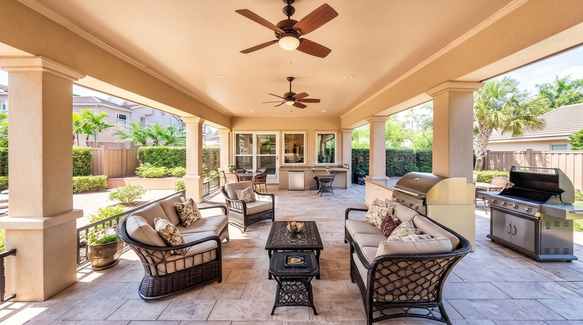 Covered patio with wicker seating, ceiling fans, and an outdoor grill in a bright backyard.