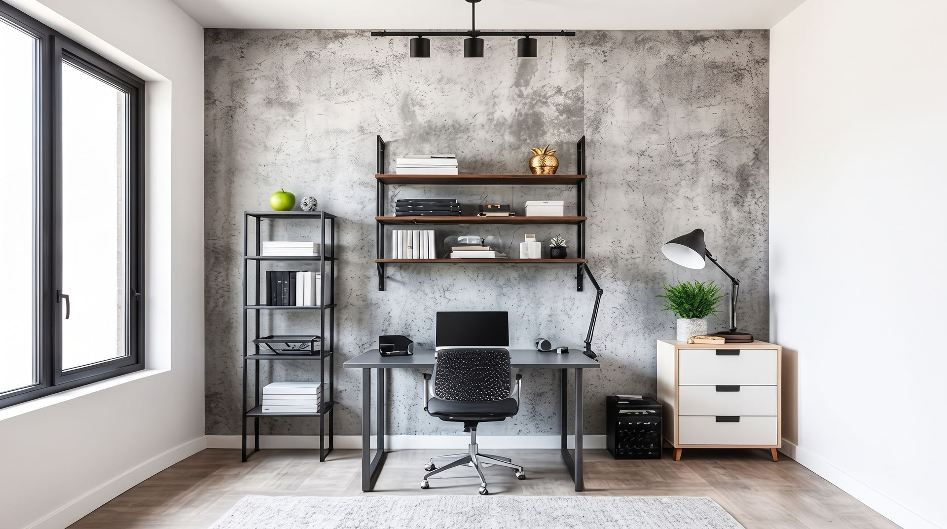 Modern home office with desk, chair, shelves, and large window against a textured gray wall