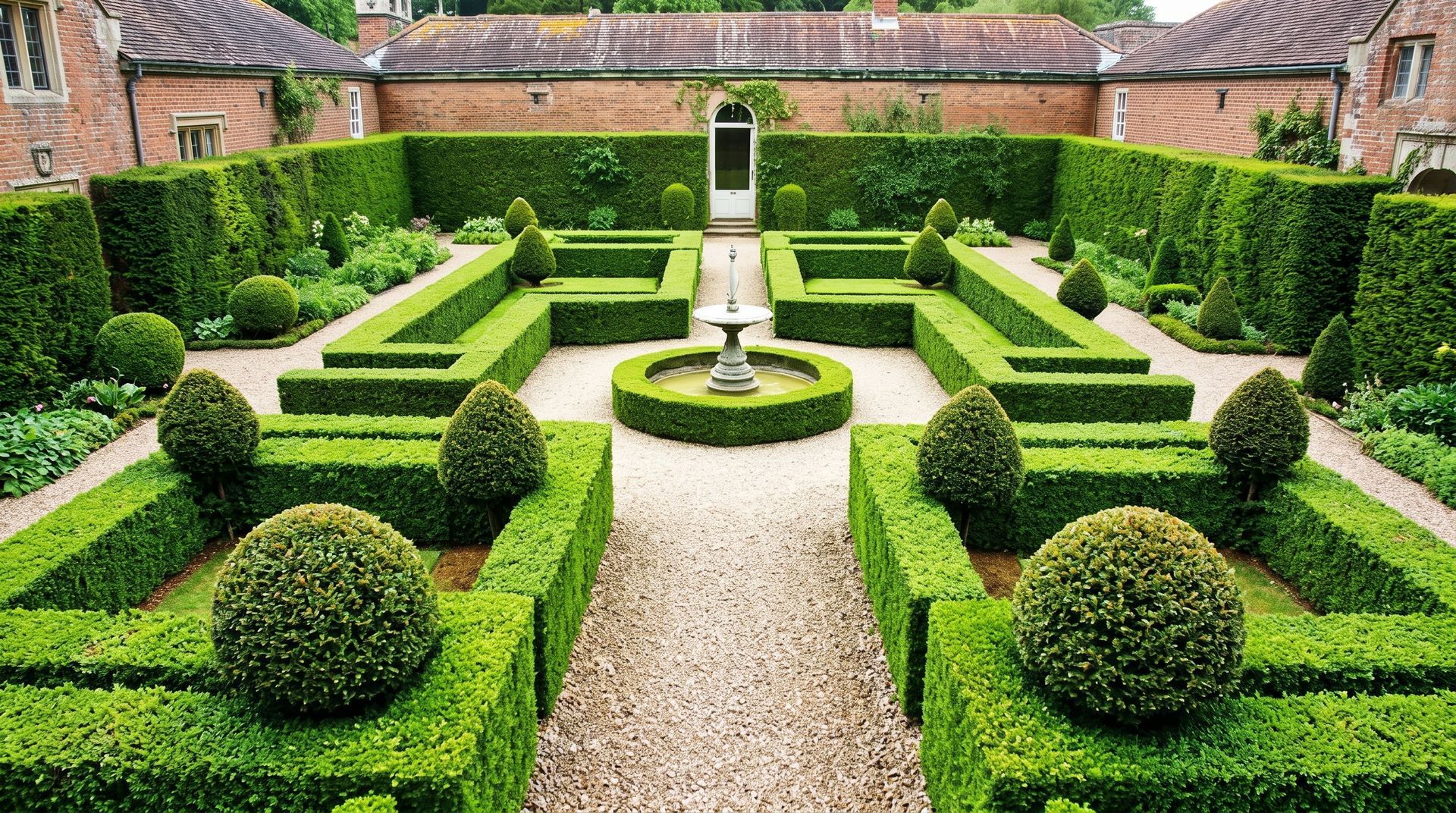 Formal English garden with geometric hedges, gravel paths, and a central stone fountain