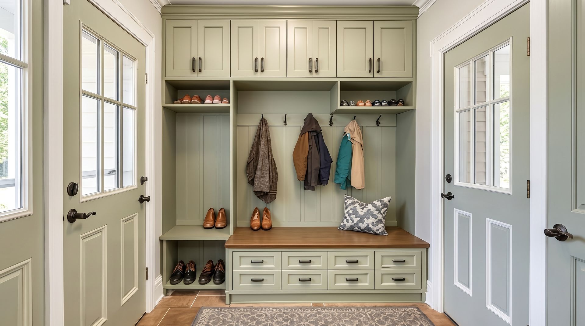 Built-in hallway mudroom with coat hooks, drawers, and benches in soft gray and cream tones