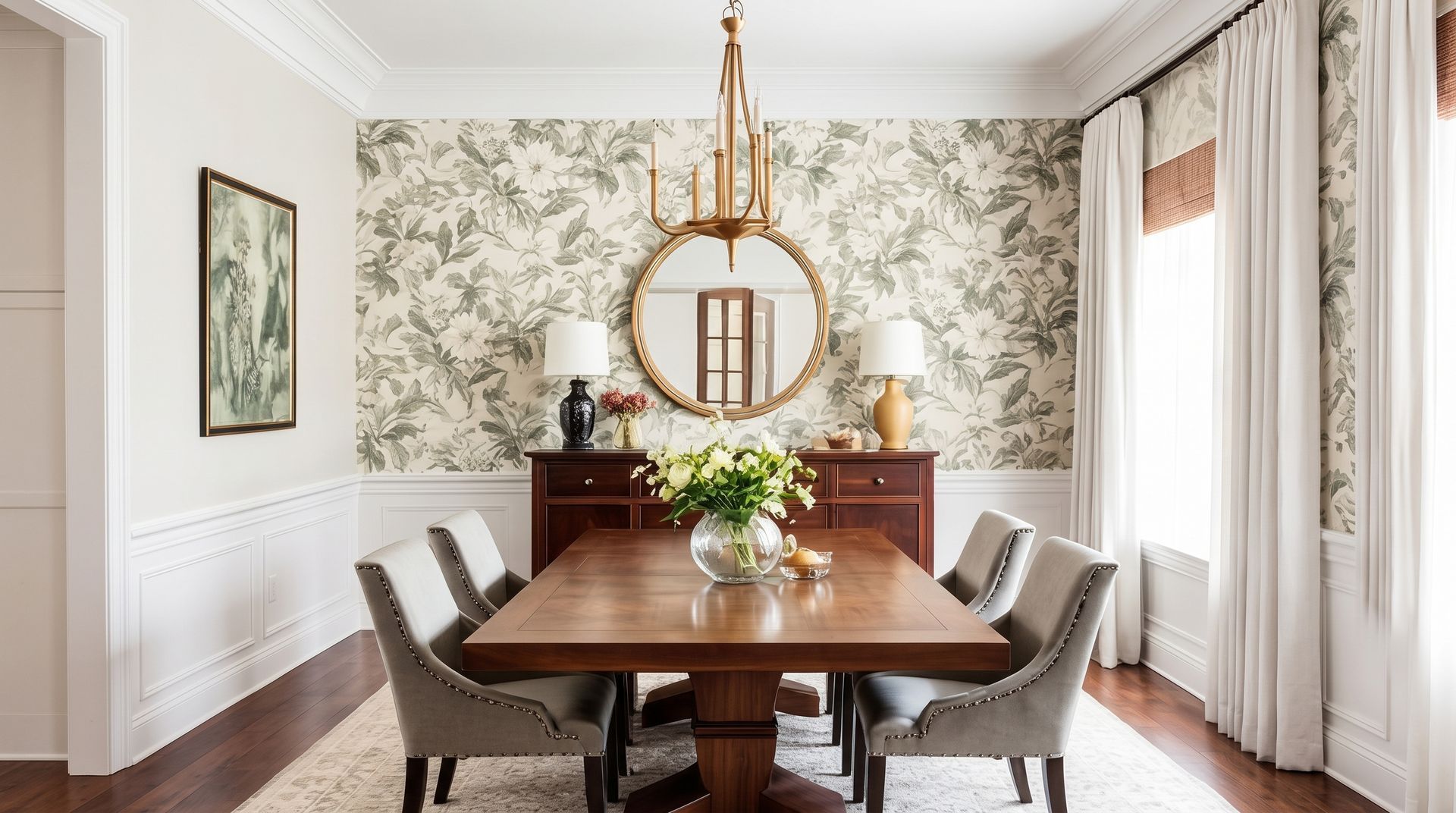 Elegant dining room with a wooden table, floral wallpaper, large mirror, and tall windows with drapes