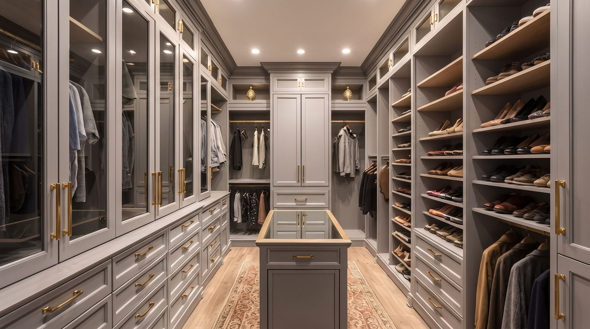 Elegant walk-in closet with built-in drawers, mirrored cabinets, shelves, and hanging clothes.