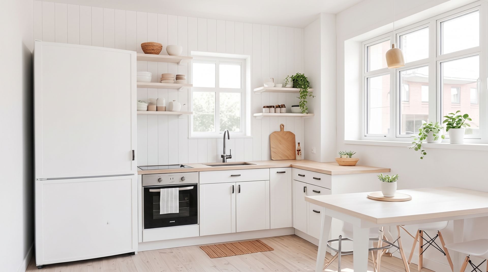 Bright white kitchen with refrigerator, oven, dining table, and plants by large windows