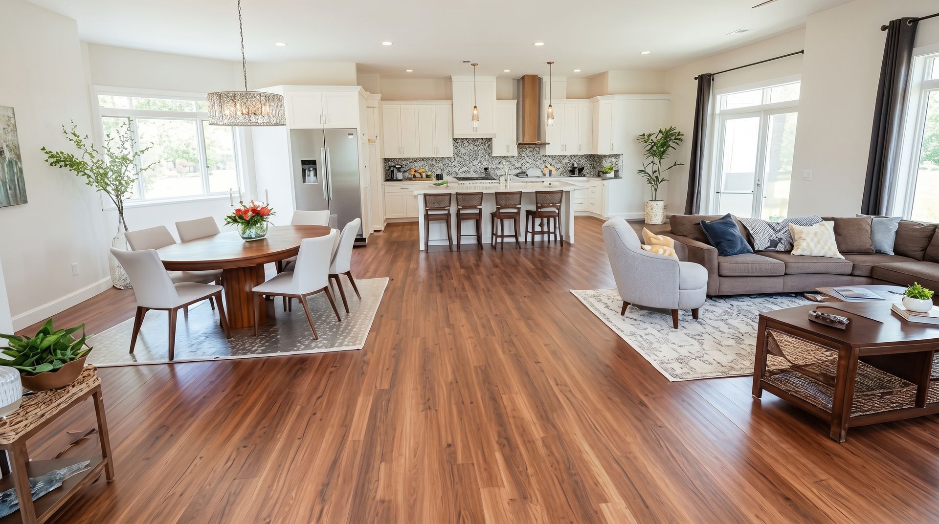 Bright open-plan living room with hardwood floors, dining table, kitchen island, and gray sectional sofa