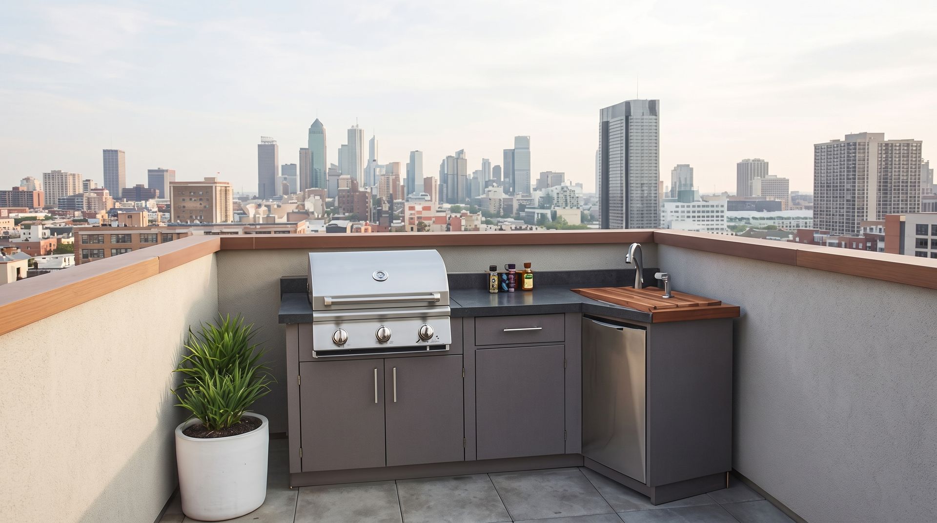 Rooftop patio with grill, sink, potted plant, and city skyline view